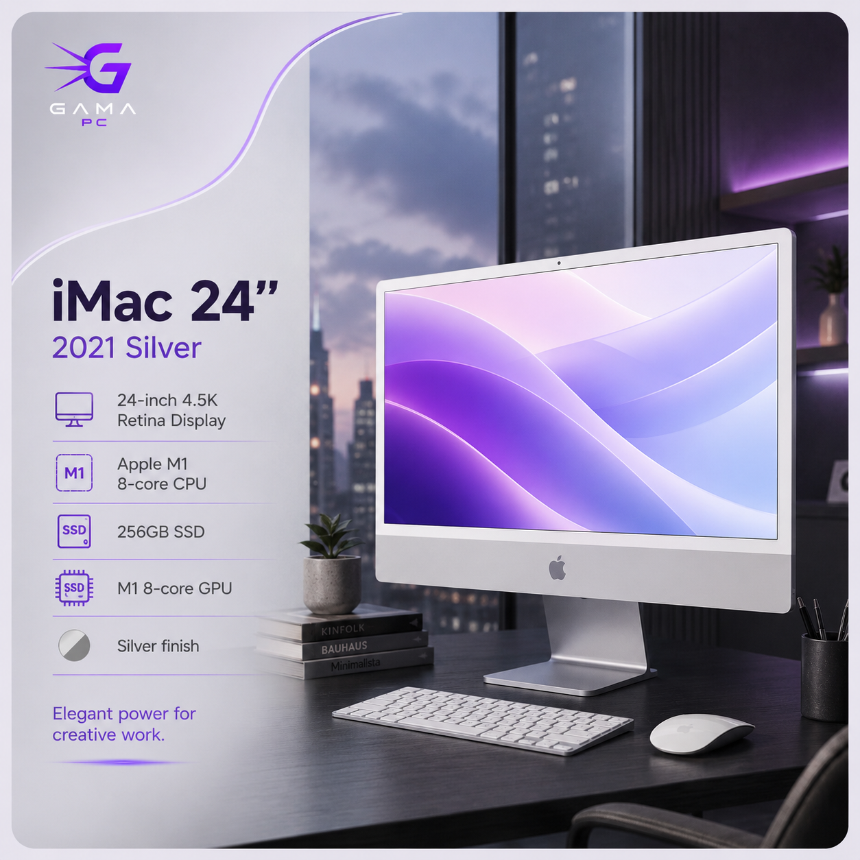 آل این وان اپل مدل iMac 24 inch 2021 Silver (M1 8-Core CPU / 8-Core GPU / 256GB SSD) - استوک در حد آکبند