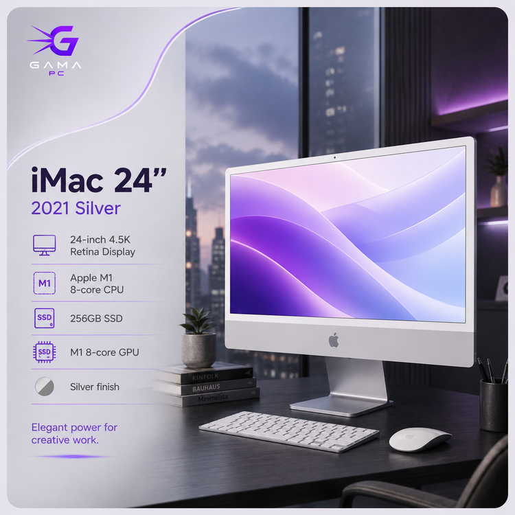 آل این وان اپل مدل iMac 24 inch 2021 Silver (M1 8-Core CPU / 8-Core GPU / 256GB SSD) - استوک در حد آکبند