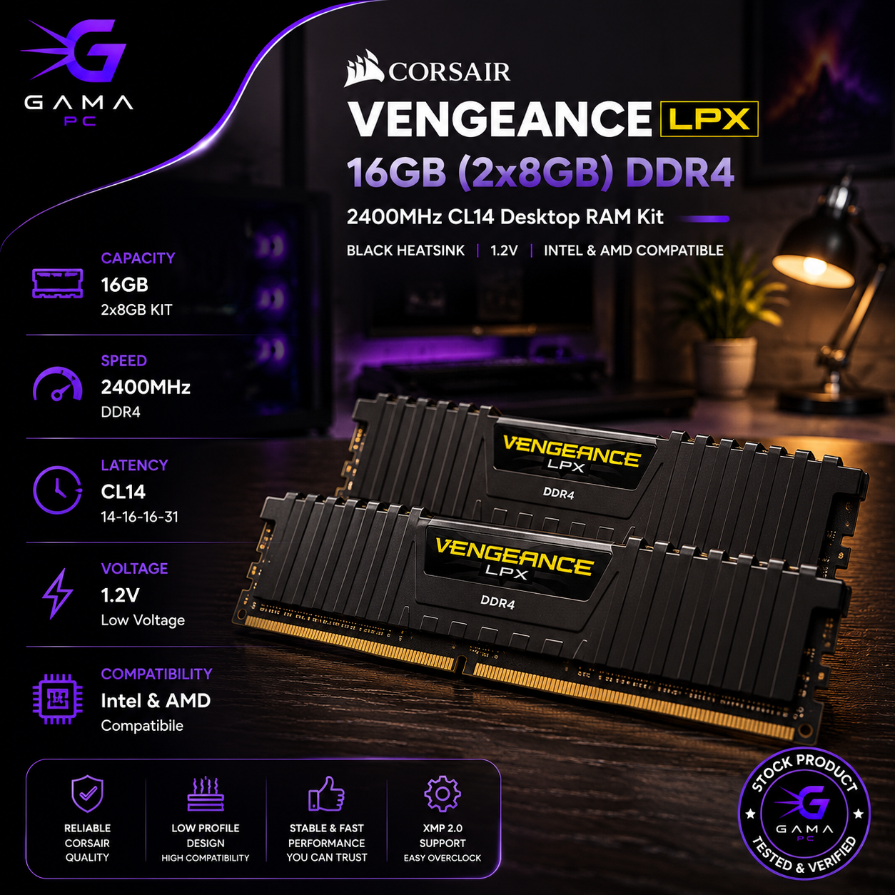 رم کامپیوتر کورسیر مدل Corsair Vengeance LPX 16GB (2x8GB) DDR4 2400MHz CL14 - پک دو کاناله همراه با هیت‌سینک آلومینیومی مشکی