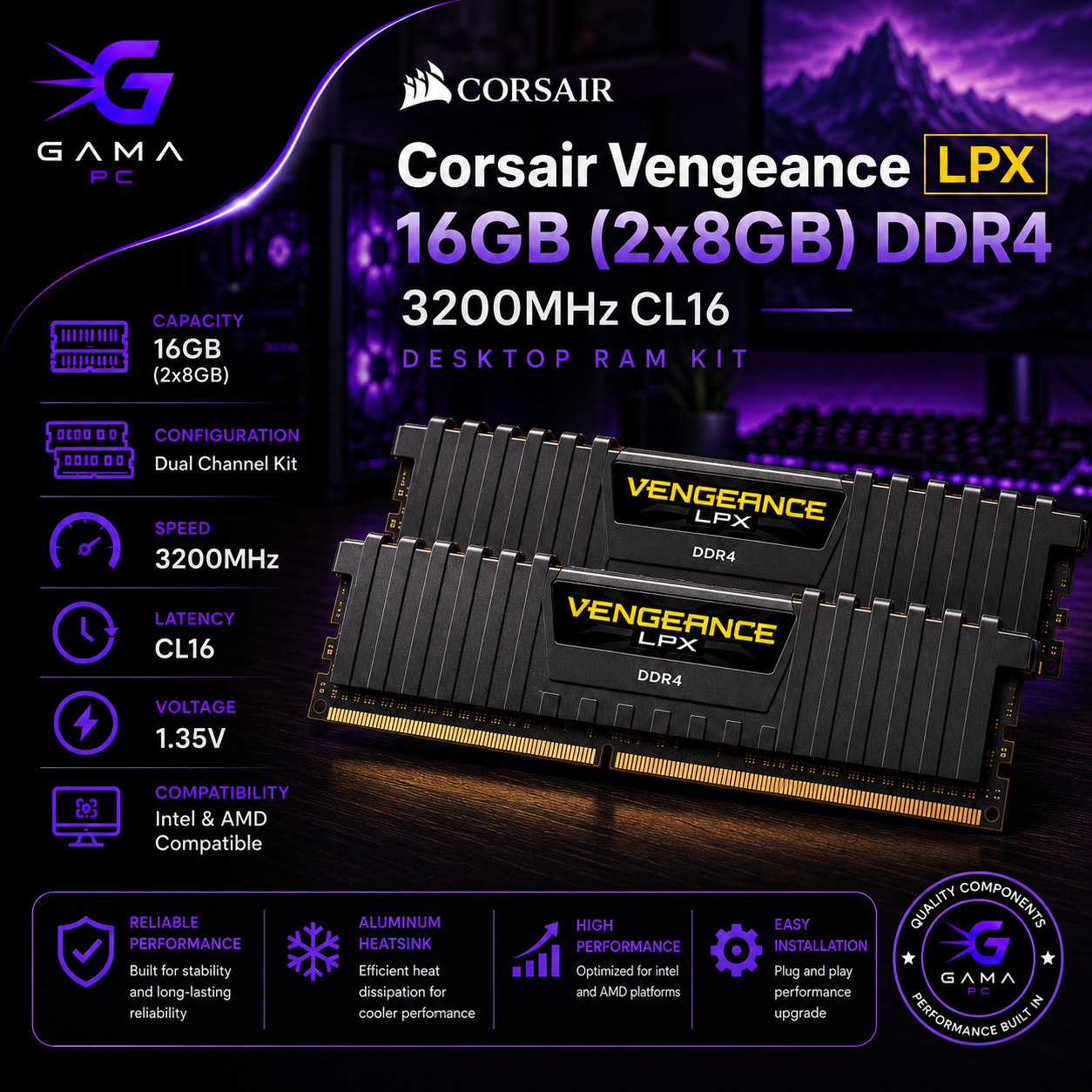 رم کامپیوتر کورسیر مدل Corsair Vengeance LPX 16GB (2x8GB) DDR4 3200MHz CL16 - پک دو کاناله پرسرعت همراه با هیت‌سینک آلومینیومی مشکی