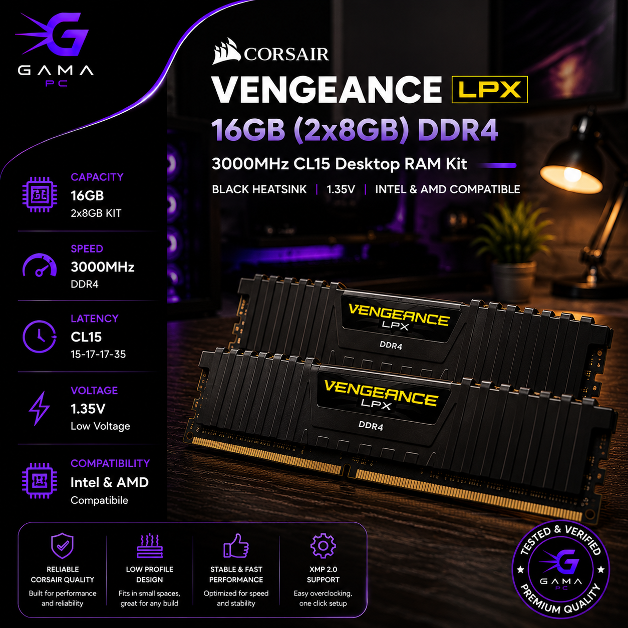 رم کامپیوتر کورسیر مدل Corsair Vengeance LPX 16GB (2x8GB) DDR4 3000MHz CL15 - پک دو کاناله پرسرعت همراه با هیت‌سینک آلومینیومی مشکی