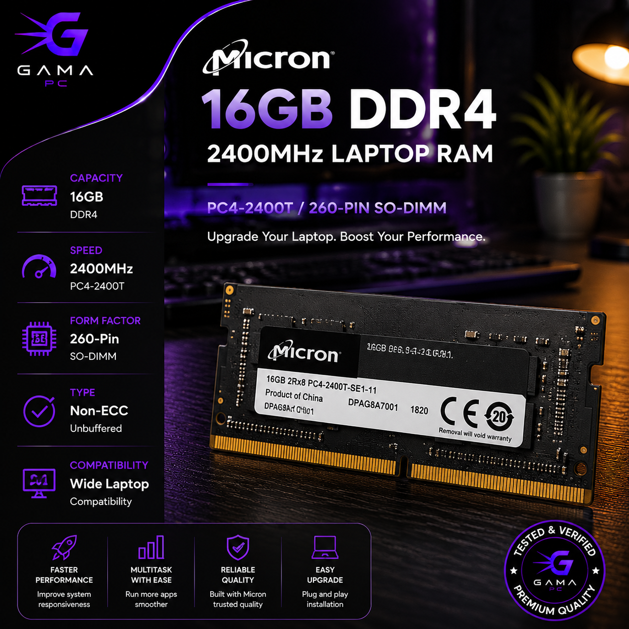 رم لپ‌تاپ مایکرون مدل Micron 16GB DDR4 2400MHz - تک ماژول برد مشکی (So-DIMM)