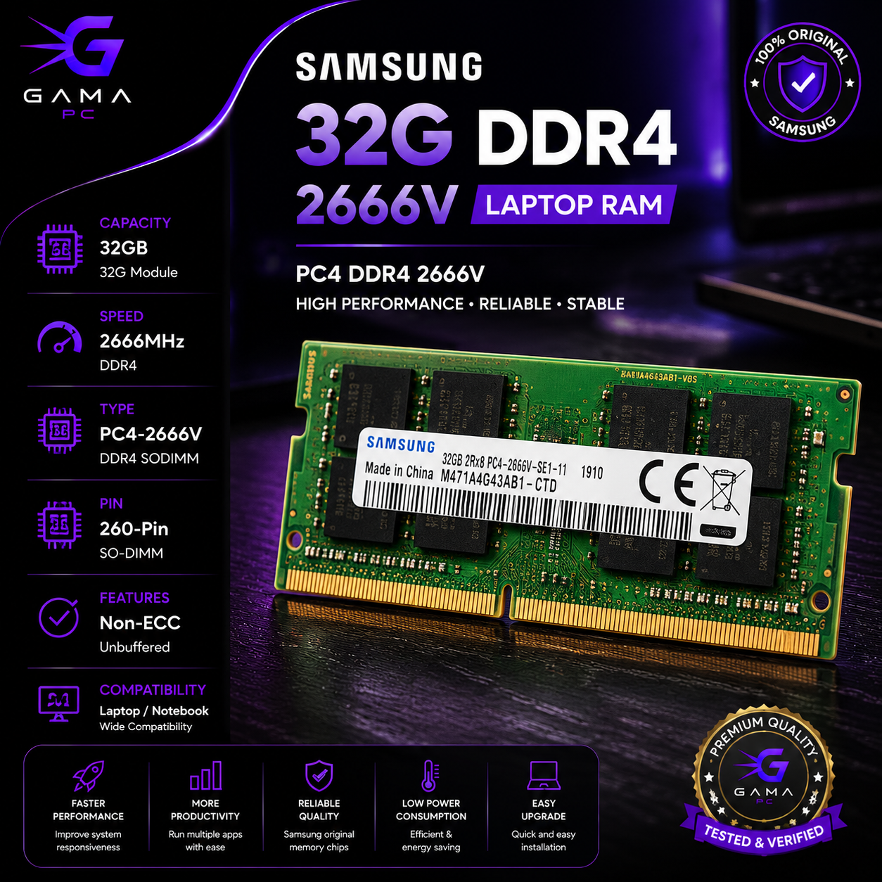 رم لپ‌تاپ سامسونگ مدل Samsung 32GB DDR4 2666MHz - تک ماژول حجم بالا سبز رنگ (So-DIMM)