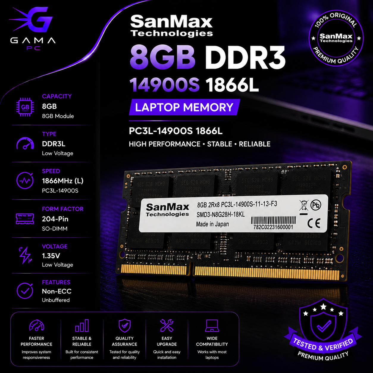 رم لپ‌تاپ سن‌مکس مدل SanMax 8GB DDR3L 1866MHz - تک ماژول پرسرعت و کم‌مصرف برد مشکی با چیپست ژاپنی (So-DIMM)
