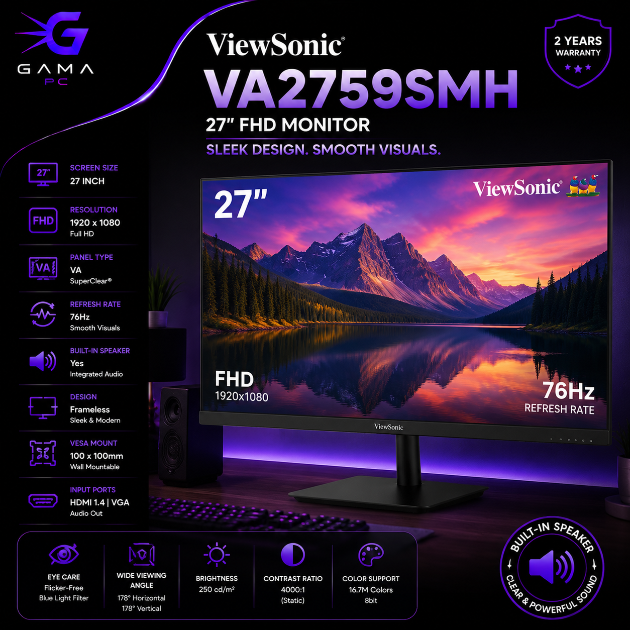 مانیتور ۲۷ اینچ ویوسونیک مدل ViewSonic VA2759-smh - پنل IPS با کیفیت Full HD / نرخ به‌روزرسانی 76Hz / بدون حاشیه (Frameless) / مجهز به اسپیکر داخلی