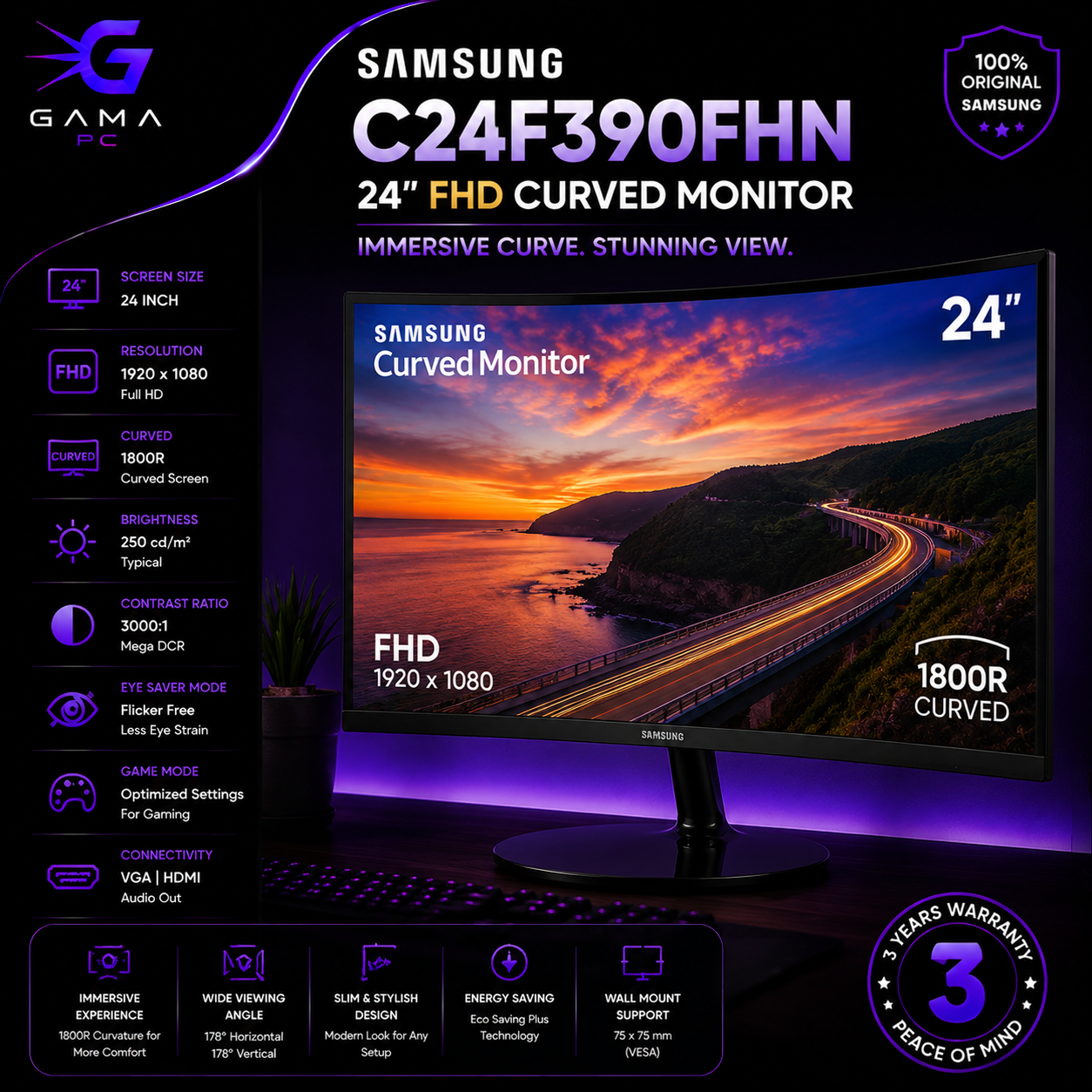 مانیتور ۲۴ اینچ خمیده سامسونگ مدل Samsung C24F390FHN - پنل VA با کیفیت Full HD / انحنای 1800R / پشتیبانی از AMD FreeSync